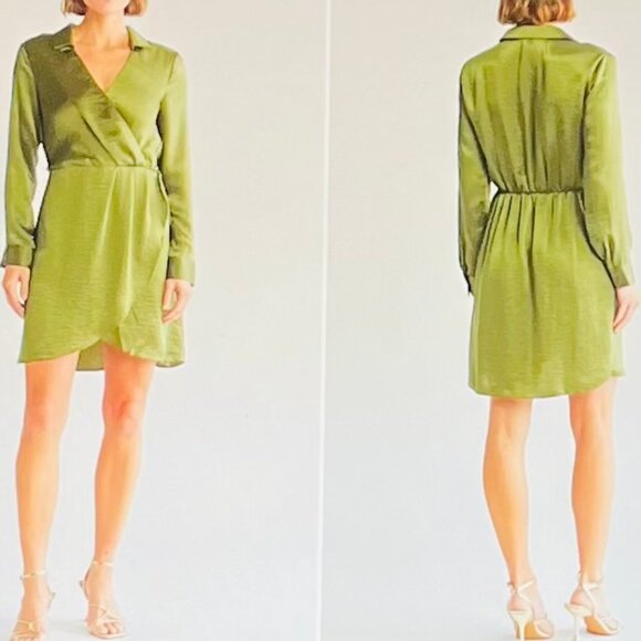 Steve Madden Washed Satin Faux Wrap Dress in Green (L) New with Tag - Picture 4 of 12